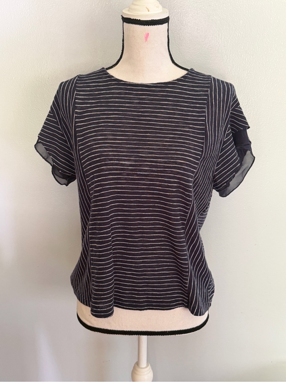 Striped Sheer-Trim Short Sleeve Top - Navy